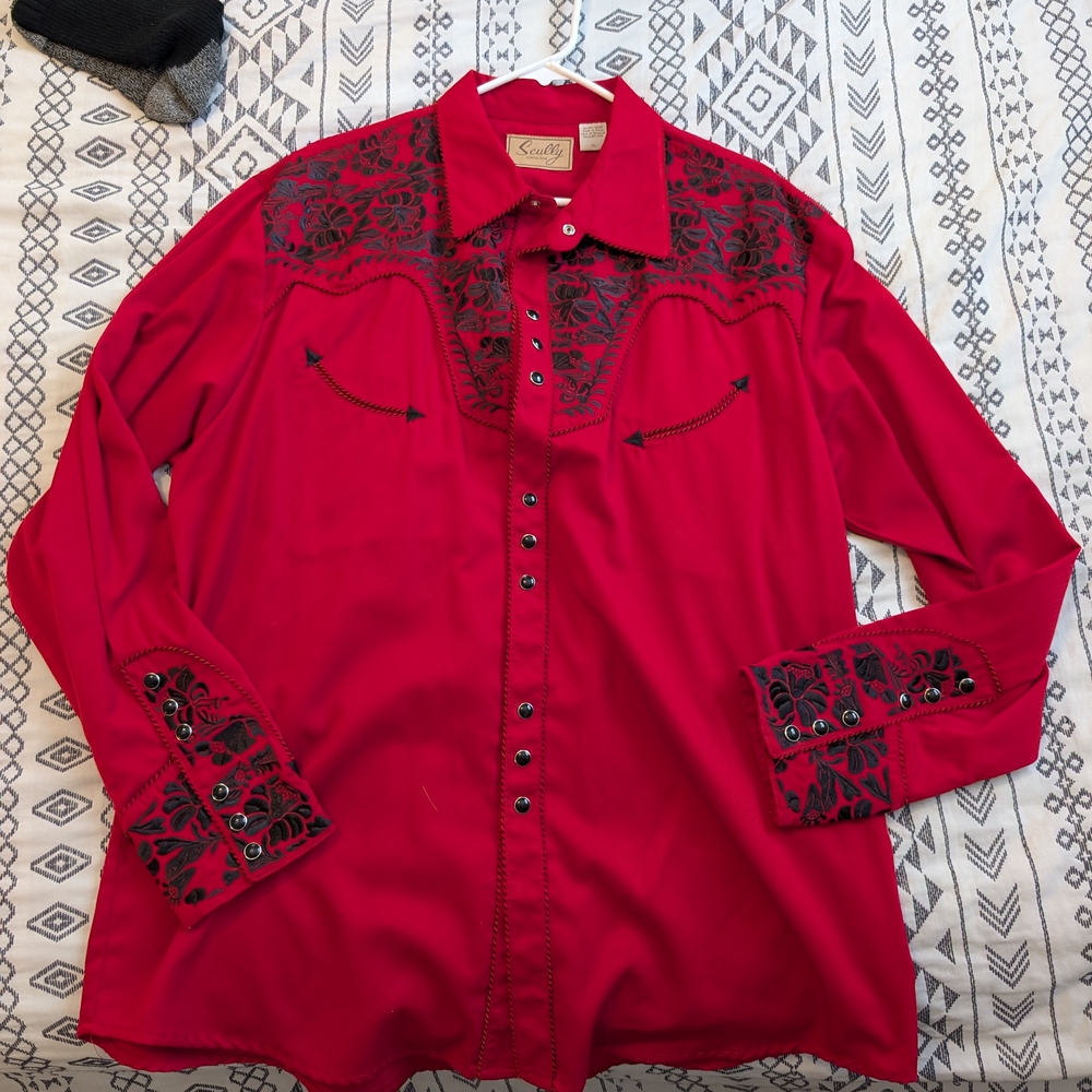Scully Mens Embroidered Red Western Shirt XL
